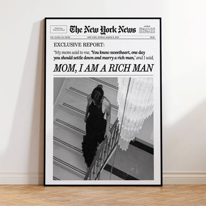 Modern Mom I Am a Rich Man Newspaper New York News RetroWall Art Canvas Painting Posters For Living Room Bar Cart Home Decor