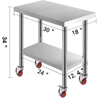 VEVOR Stainless Steel Kitchen Prep Table With 4 Caster Wheels & Backsplash Loads Up to 100KG-300KG for Home Storage Rack Dining