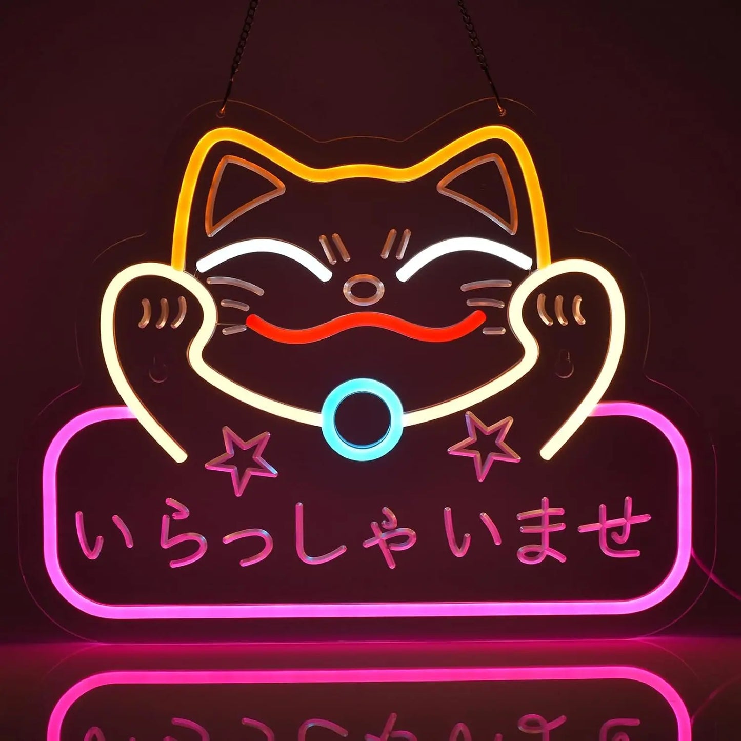 Neon Sign Maneki Neko Welcomes Fortune Cute Beckoning Cat with Welcome Sign for Restaurant Shop Home Bar Decor LED Night Light