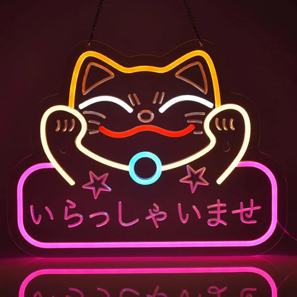 Neon Sign Maneki Neko Welcomes Fortune Cute Beckoning Cat with Welcome Sign for Restaurant Shop Home Bar Decor LED Night Light