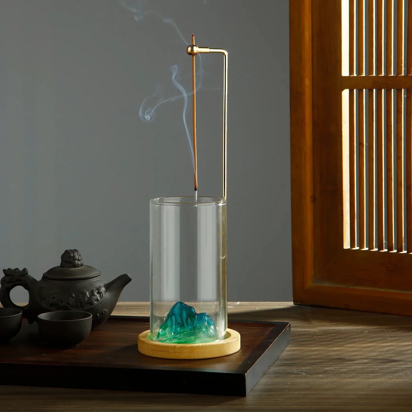 Glass Mountain Incense Holder for Sticks Incense Sticks Holder with Cord Lock Anti-Ash Flying Incense Burner with Ash Catcher
