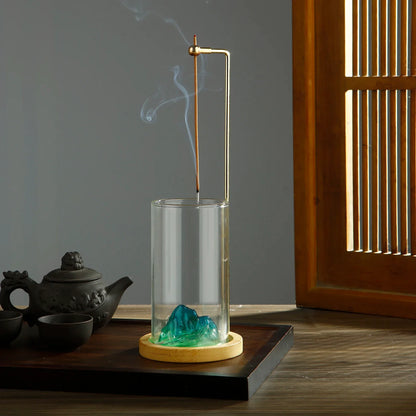Glass Mountain Incense Holder for Sticks Incense Sticks Holder with Cord Lock Anti-Ash Flying Incense Burner with Ash Catcher