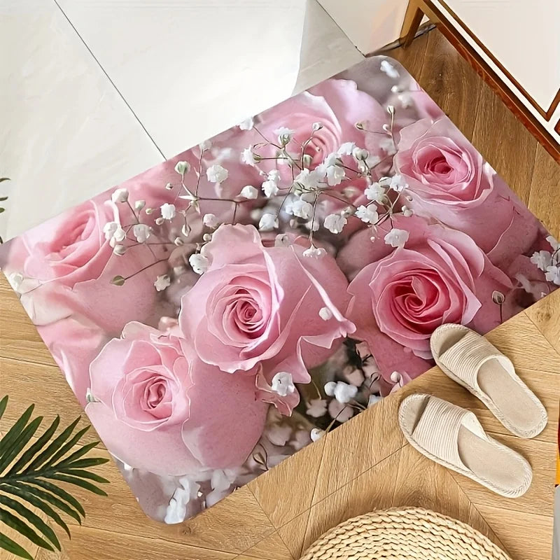 VIKAMA Fresh Pink Rose Non-Slip And Dirt-Resistant Carpet, Floor Mat In Entrance, Bathroom, Kitchen And Balcony Home Decoration.