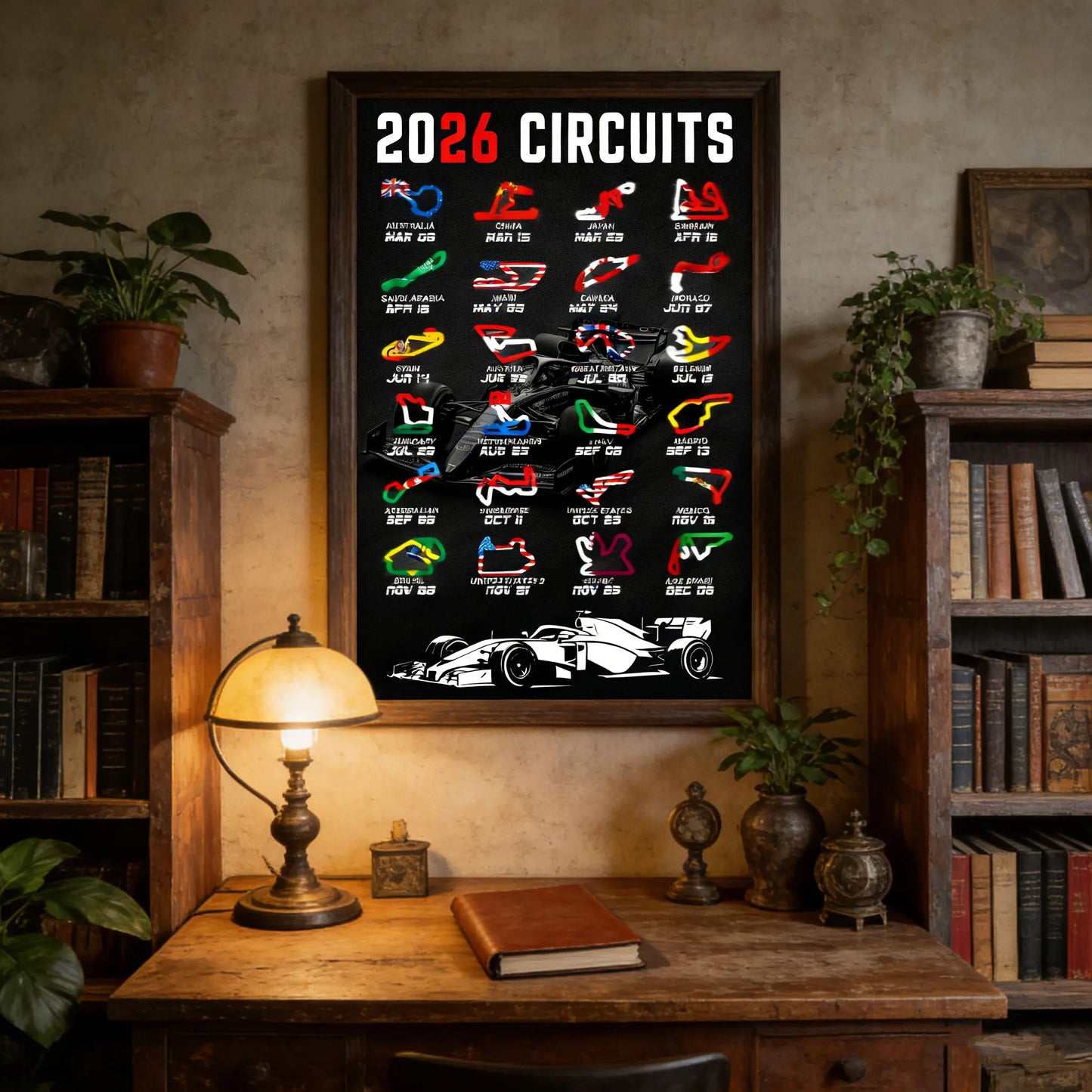 Gifts and Temptations 2026 Formula Racing Event Calendar Poster Track Layouts with National Flags, Wall Art Print