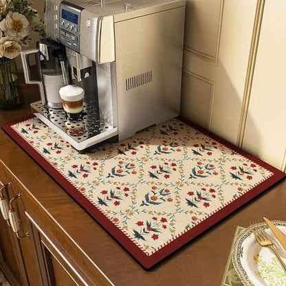 Classical Floral Diatomaceous Earth Coffee Machine Mat Kitchen Bar Absorbent Drainage Mat Washable Thermal Insulation Scald Mat