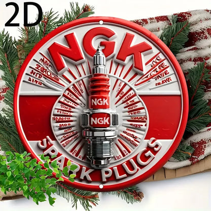 2D Flat, NGK Spark Plugs Aluminum Wall Sign, Retro 2D Round Metal Tin Plaque, Pre-Drilled, Waterproof, Weather-Resistant