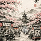 Japanese Ink Painting Landscape Spring Cherry Blossoms Canvas Print Asian Style Wall Art Poster for Living Room Home Decor Gift