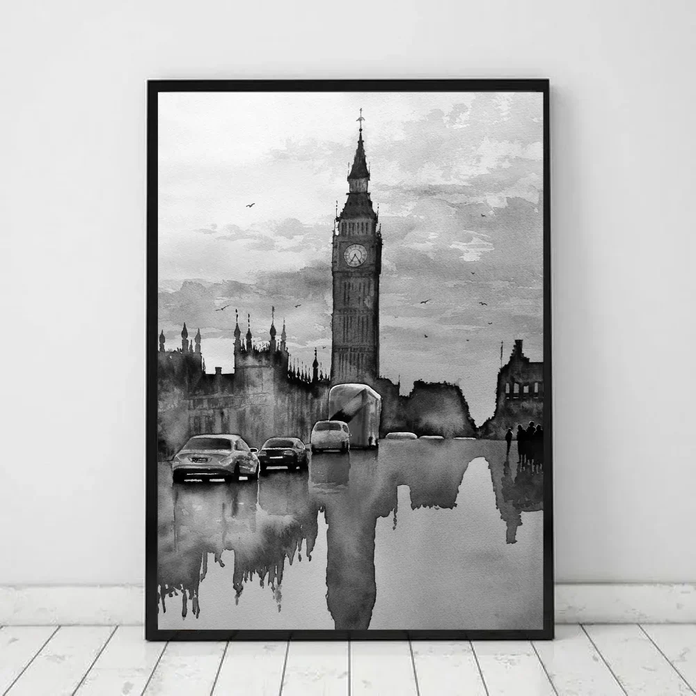 Black White Retro Paris London Anime Posters Sticky HD Quality Wall Art Retro Posters for Home Kawaii Room Decor