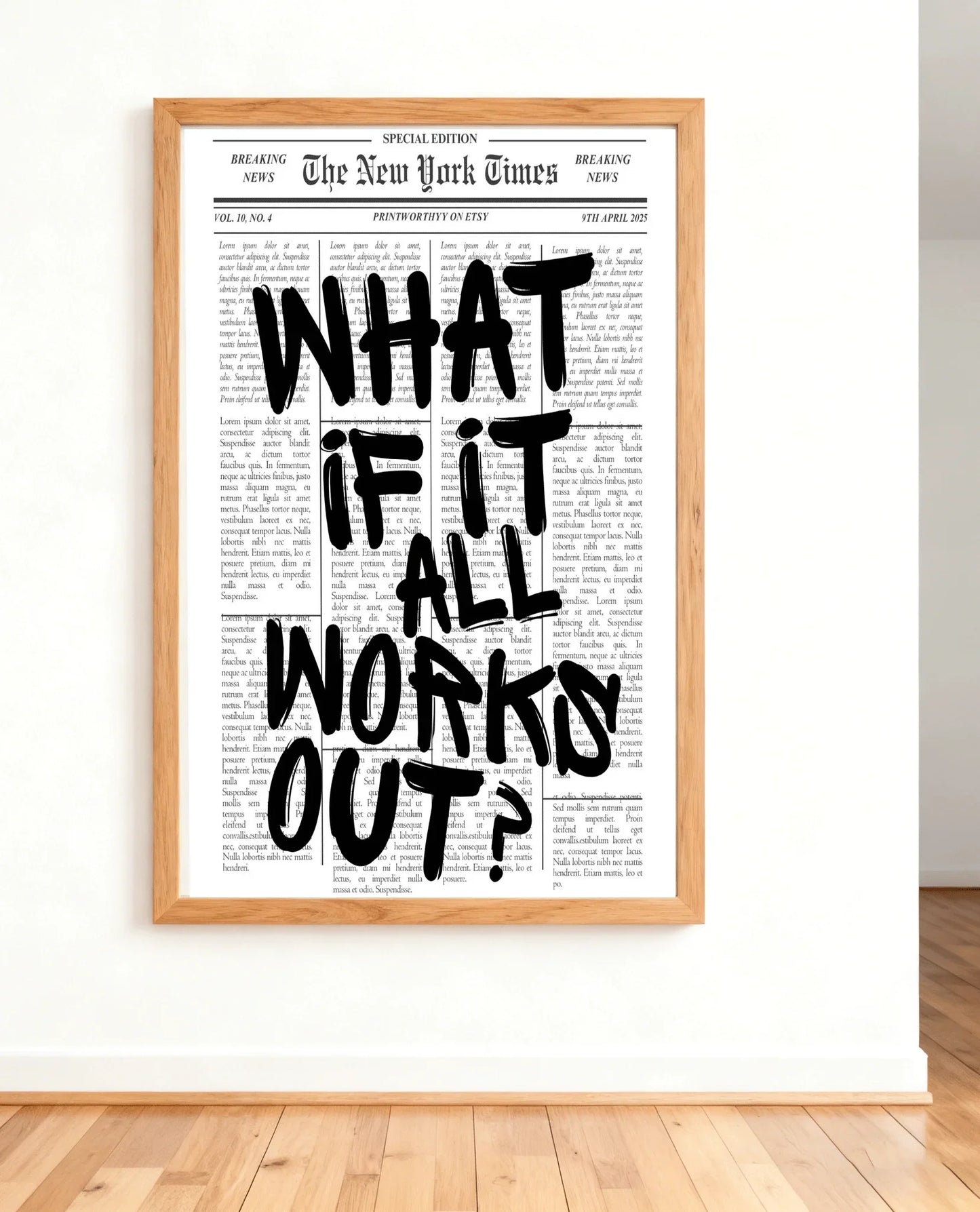 Newspaper Poster - What If It All Works Out - Positive Quote Canvas Wall Art, Affirming Minimalist Prints, Neutral Dorm Room Bed