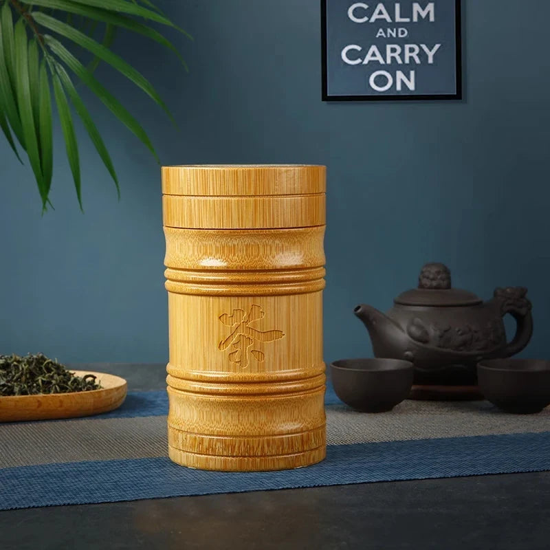 Handmade Bamboo Tea Storage Box Chinese Carved Tea Canister Lid Seal Kitchen Storage Jars Food Nuts Spice Box Case Organizer