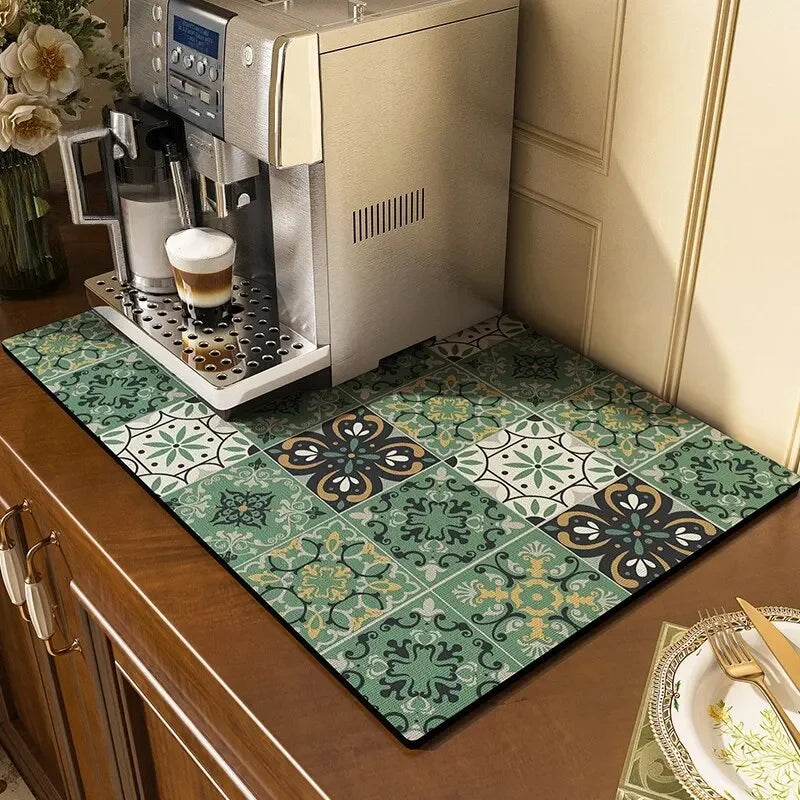 Classical Floral Diatomaceous Earth Coffee Machine Mat Kitchen Bar Absorbent Drainage Mat Washable Thermal Insulation Scald Mat