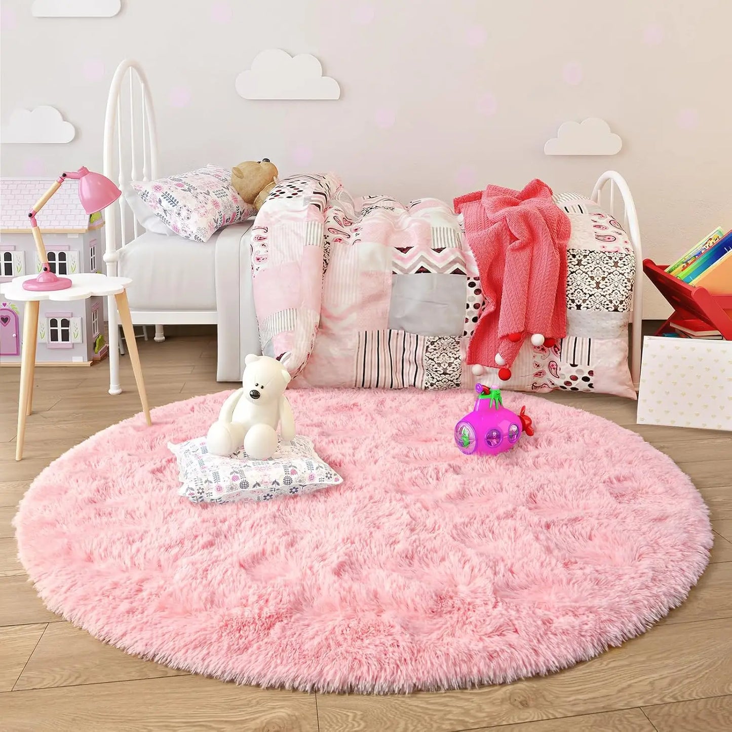 VIKAMA Pink Round Carpet Fluffy Soft Area Floor Mat Children Girls Room Princess Castle Plush Carpet Living Room Home Decor