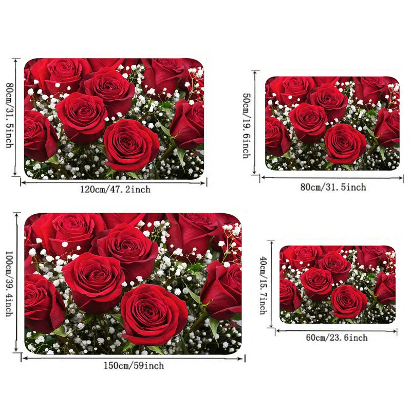 VIKAMA 1/2pc Valentine's Day Romantic Rose Print Rug, Non-Slip, Dirt-Proof. For Kitchen, Bathroom, Entrance Home Decor Carpet.