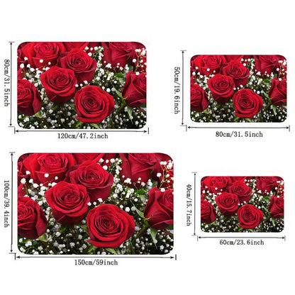 VIKAMA 1/2pc Valentine's Day Romantic Rose Print Rug, Non-Slip, Dirt-Proof. For Kitchen, Bathroom, Entrance Home Decor Carpet.