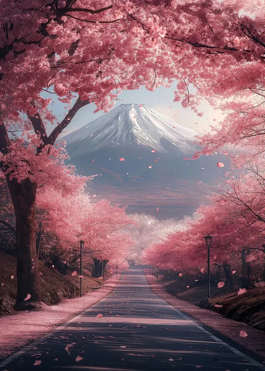 Pink City Asian Travel Japanese Cherry Blossoms At Mount Fuji Poster Light Prints Canvas Painting Wall Pictures Home Room Dec