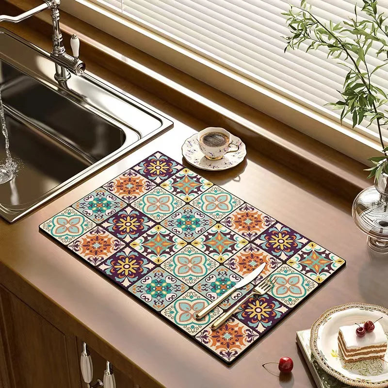 Classical Floral Diatomaceous Earth Coffee Machine Mat Kitchen Bar Absorbent Drainage Mat Washable Thermal Insulation Scald Mat