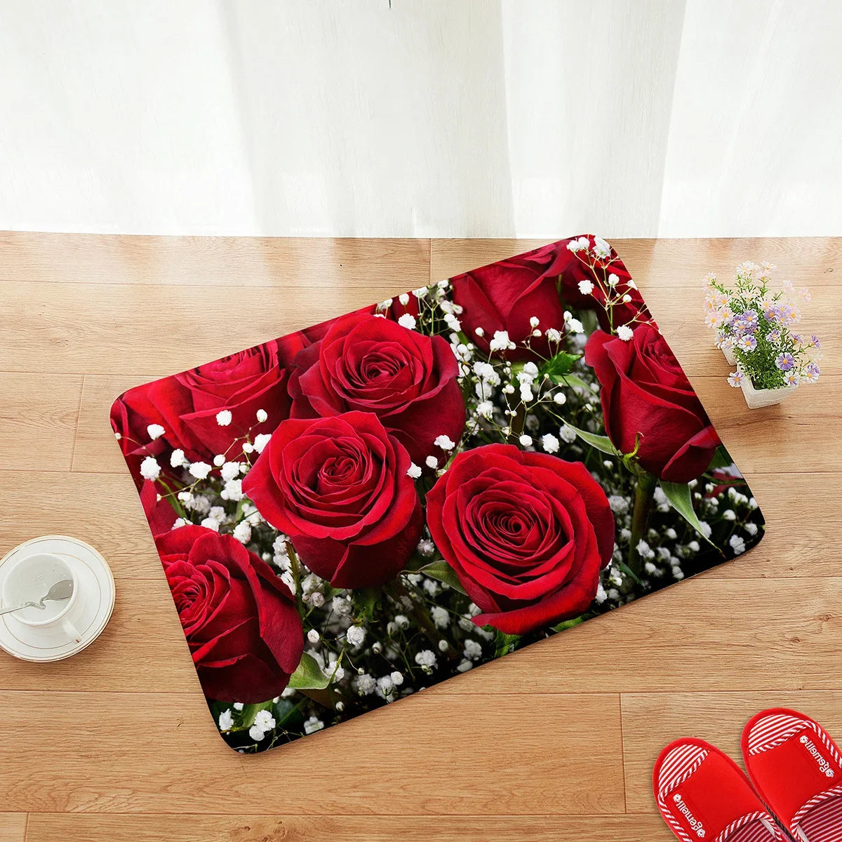 VIKAMA 1/2pc Valentine's Day Romantic Rose Print Rug, Non-Slip, Dirt-Proof. For Kitchen, Bathroom, Entrance Home Decor Carpet.