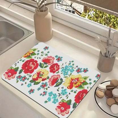 One White Floral Print Tableware Drying Mat Daily Decorative Drying Pad Countertop Absorbent Placemat Refrigerator Mat