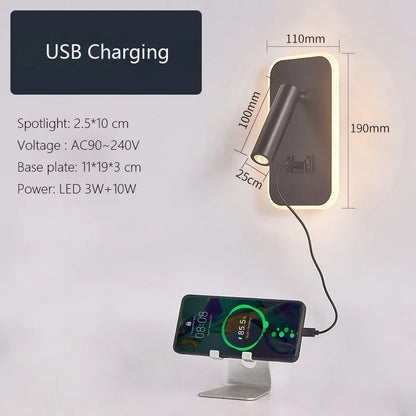 Modern Minimalist Led Wall Lamp USB Charging Indoor Bedroom Lamp Hotel Bedside Reading Lamp Wall Lights Sconce Switch AC 90~240V