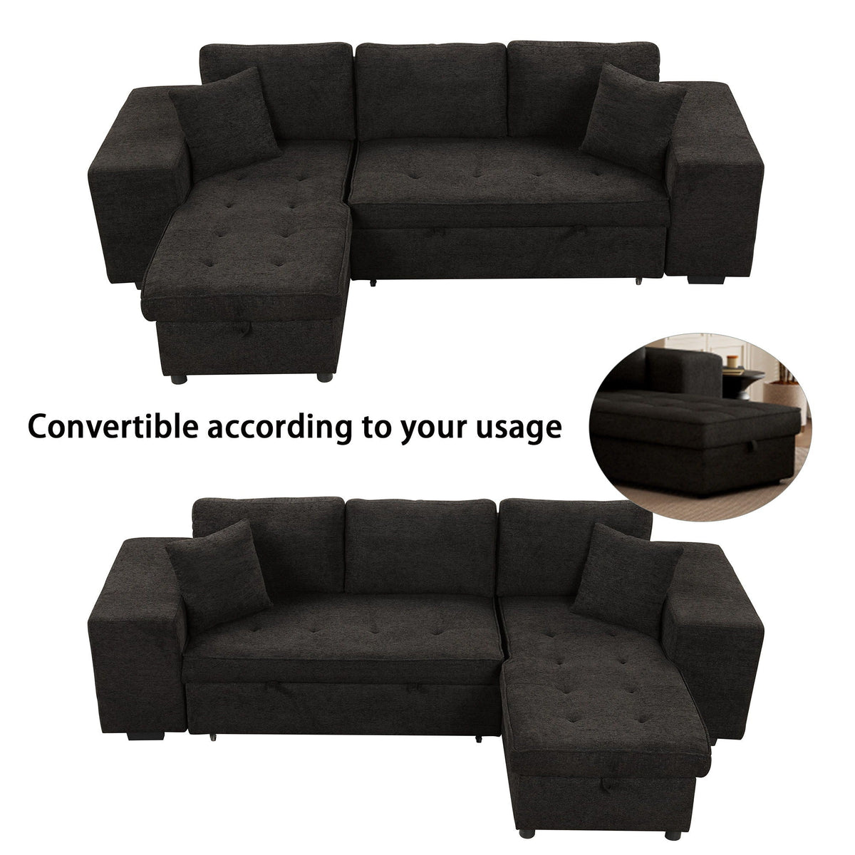 Modern L-Shape 3 Seat Reversible Sectional Couch, Pull Out Sleeper Sofa With Storage Chaise And 2 Stools For - view 19