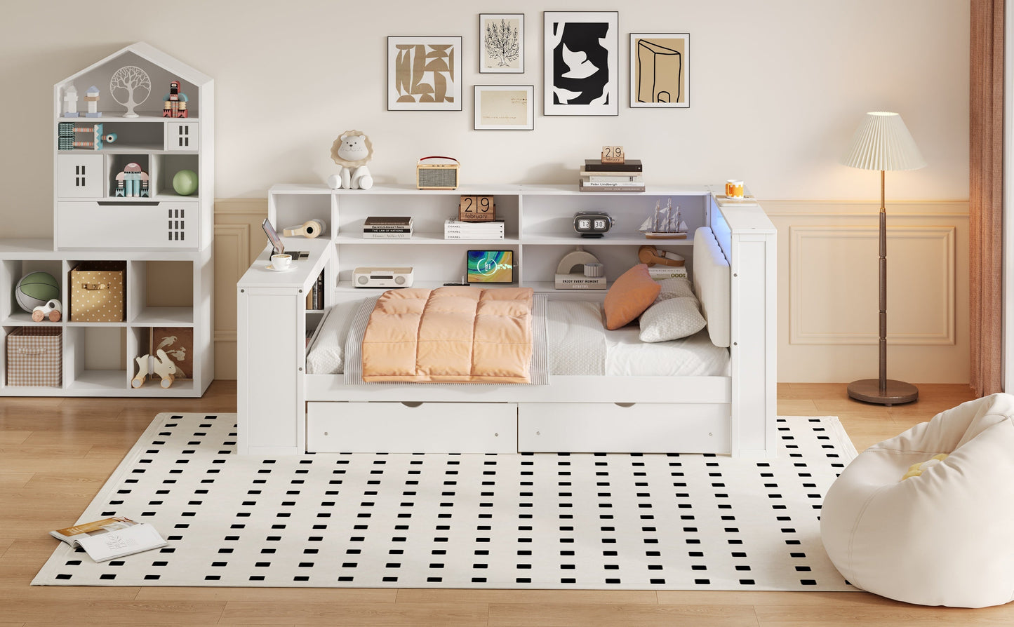 Wood Twin Size Platform Bed with Storage Shelves, Drawers, and LED
