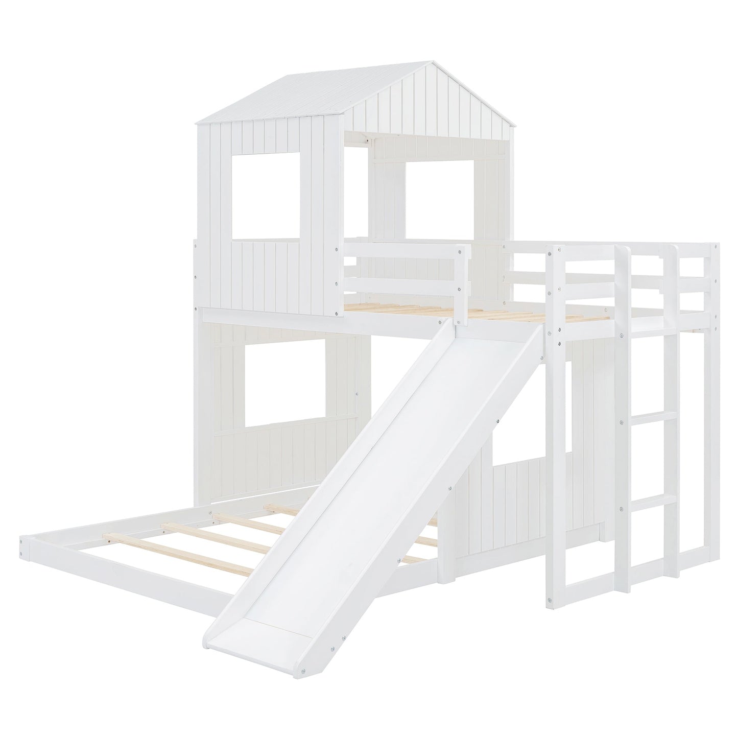 Wooden Twin Over Full Bunk Bed with Playhouse