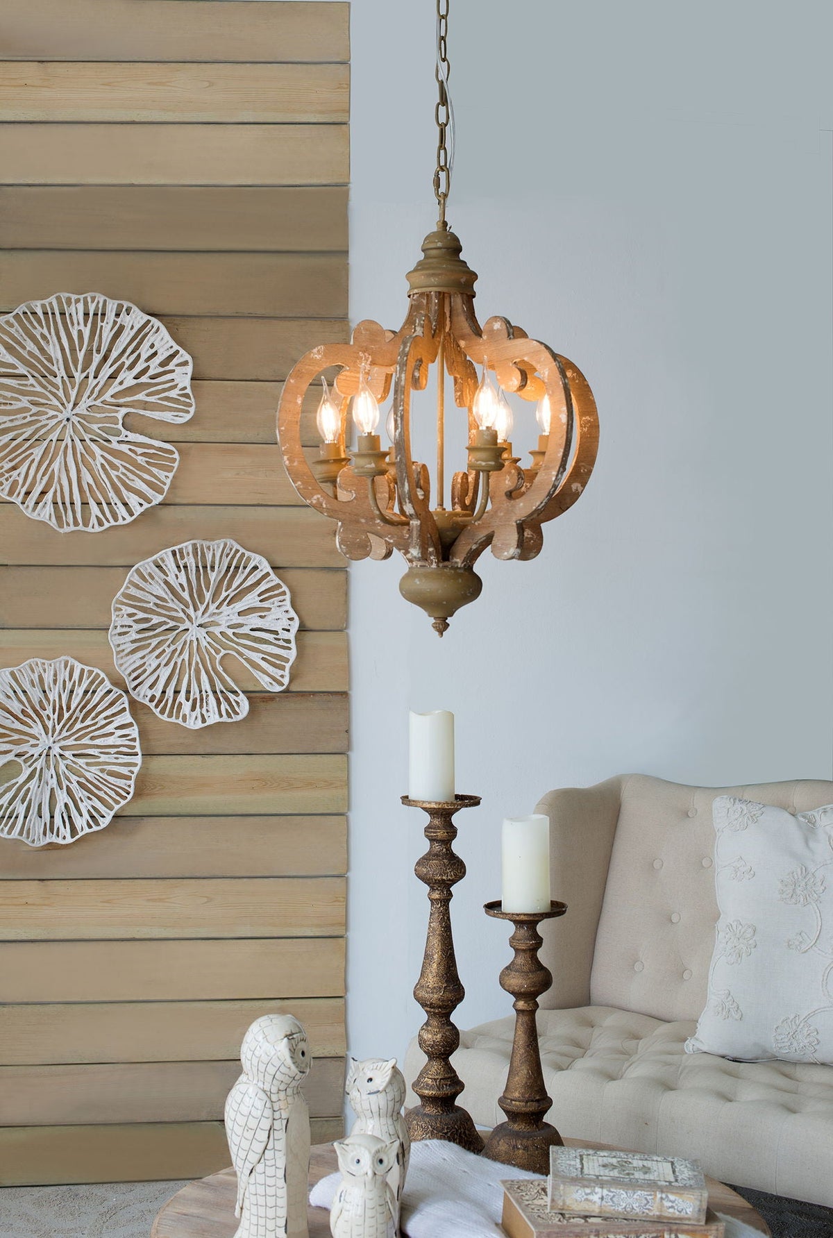 Farmhouse Chandelier, 6 Light Wood Chandelier Pendant Light Fixture With Adjustable Chain For Dining Room - view 26