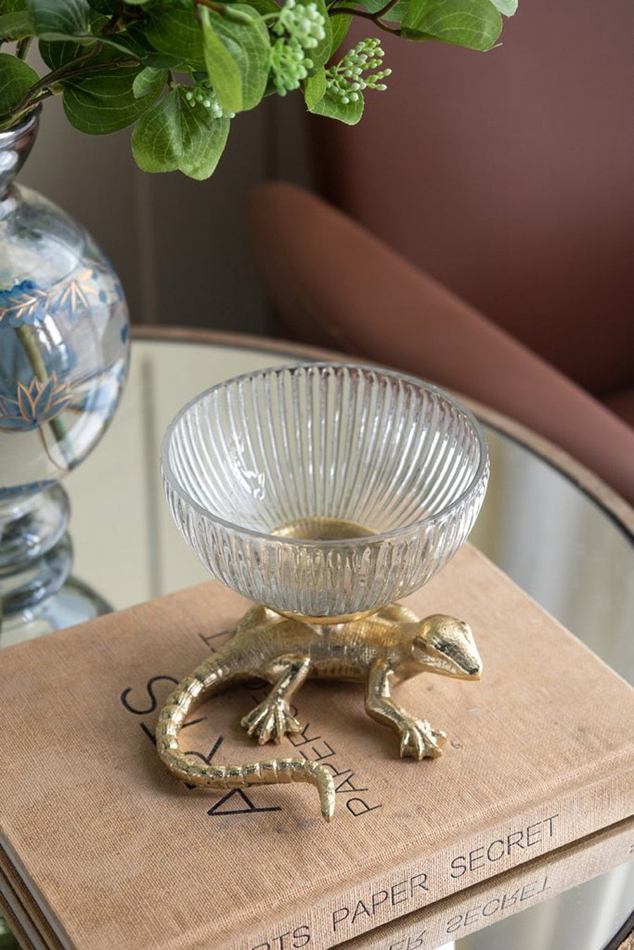 Gold Lizard Pedestal Bowl with Ribbed Glass Dish - Gold+Clear