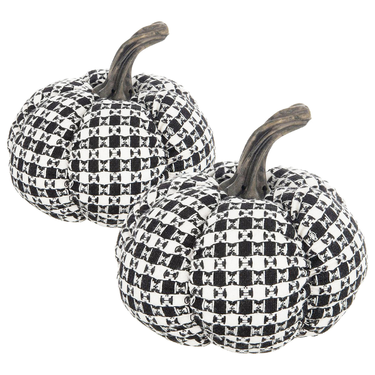 Set of 2 Fabric Black-White Plaid Pumpkin Decor