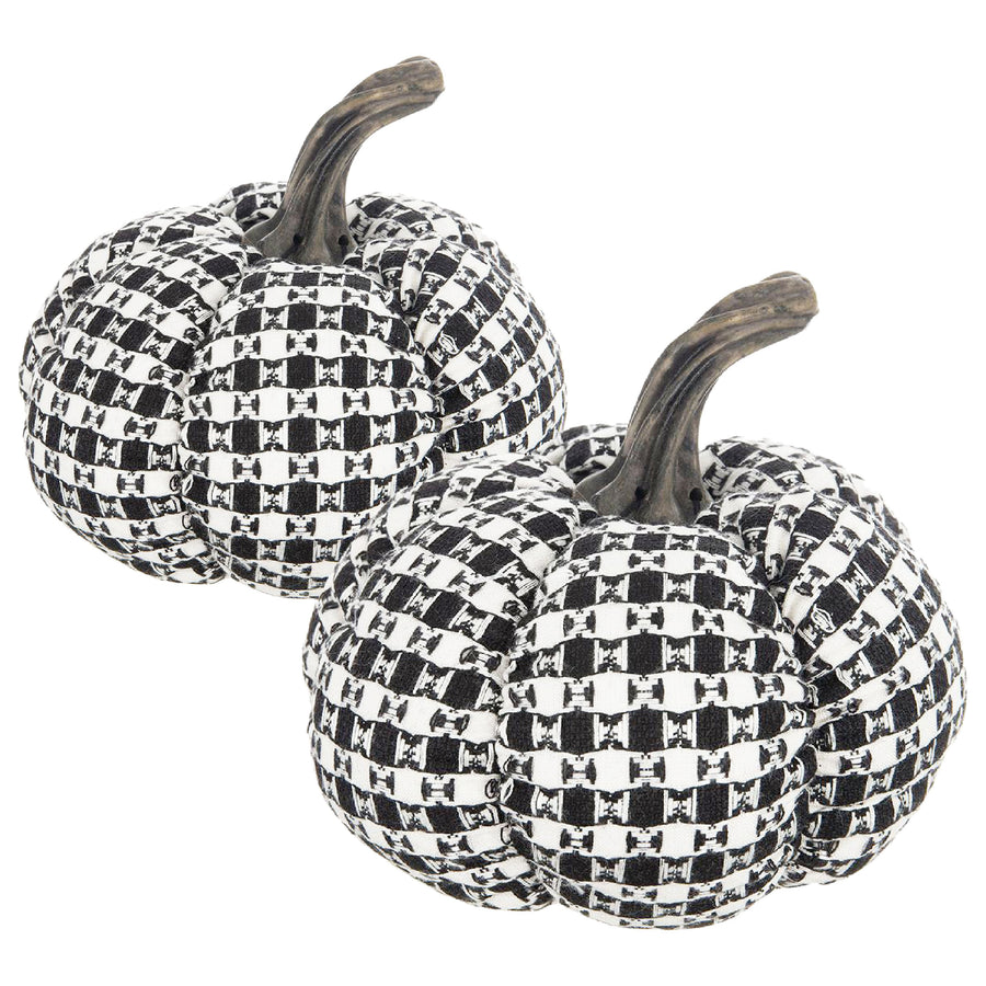 Set of 2 Fabric Black-White Plaid Pumpkin Decor