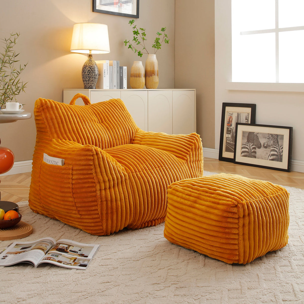 Giant Plush Bean Bag Chair for Adults with Armrests and Footstool