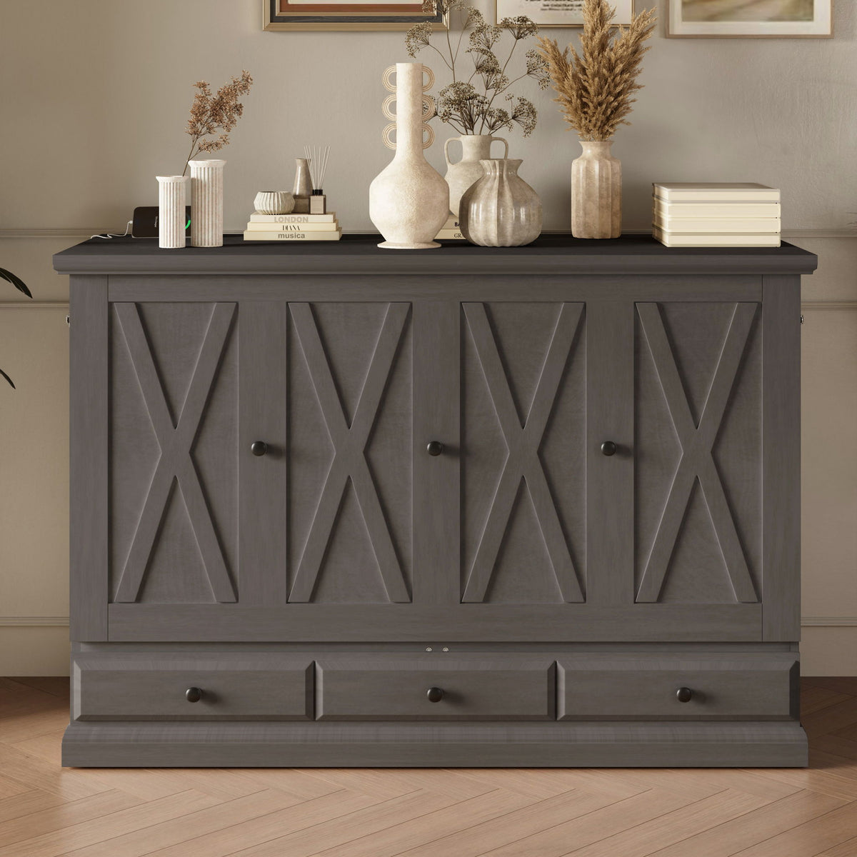 Solid Pine Murphy Bed Chest Cube Cabinet Bed With Charging Station And Large Storage Drawer For Home Office - view 13