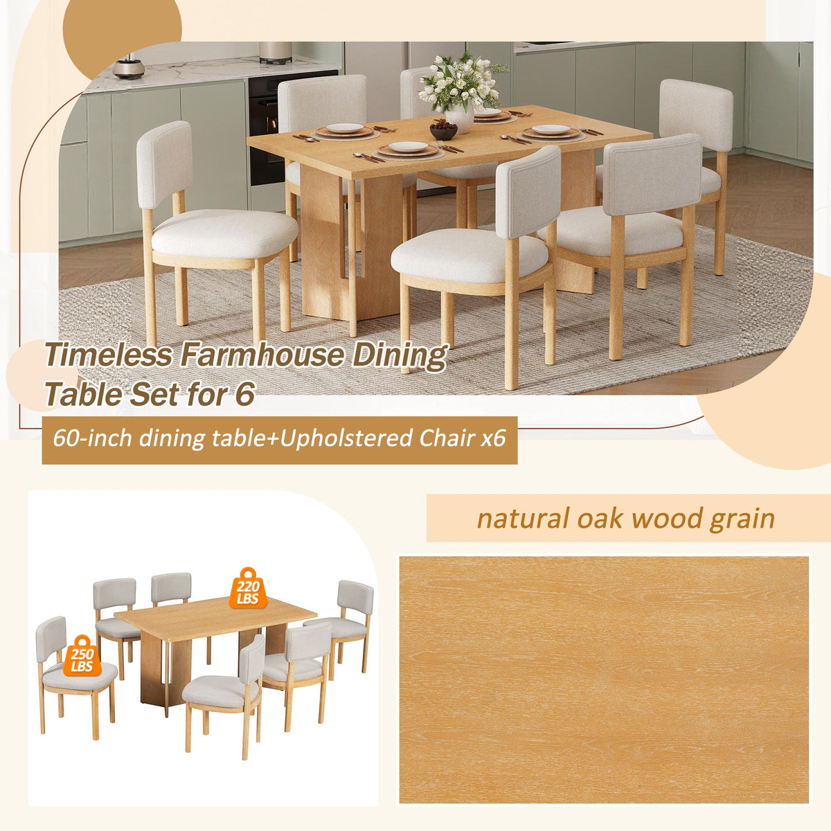 Dining Table Set With 6 Upholstered Chairs, Rectangular Table With Cutout Legs - view 12