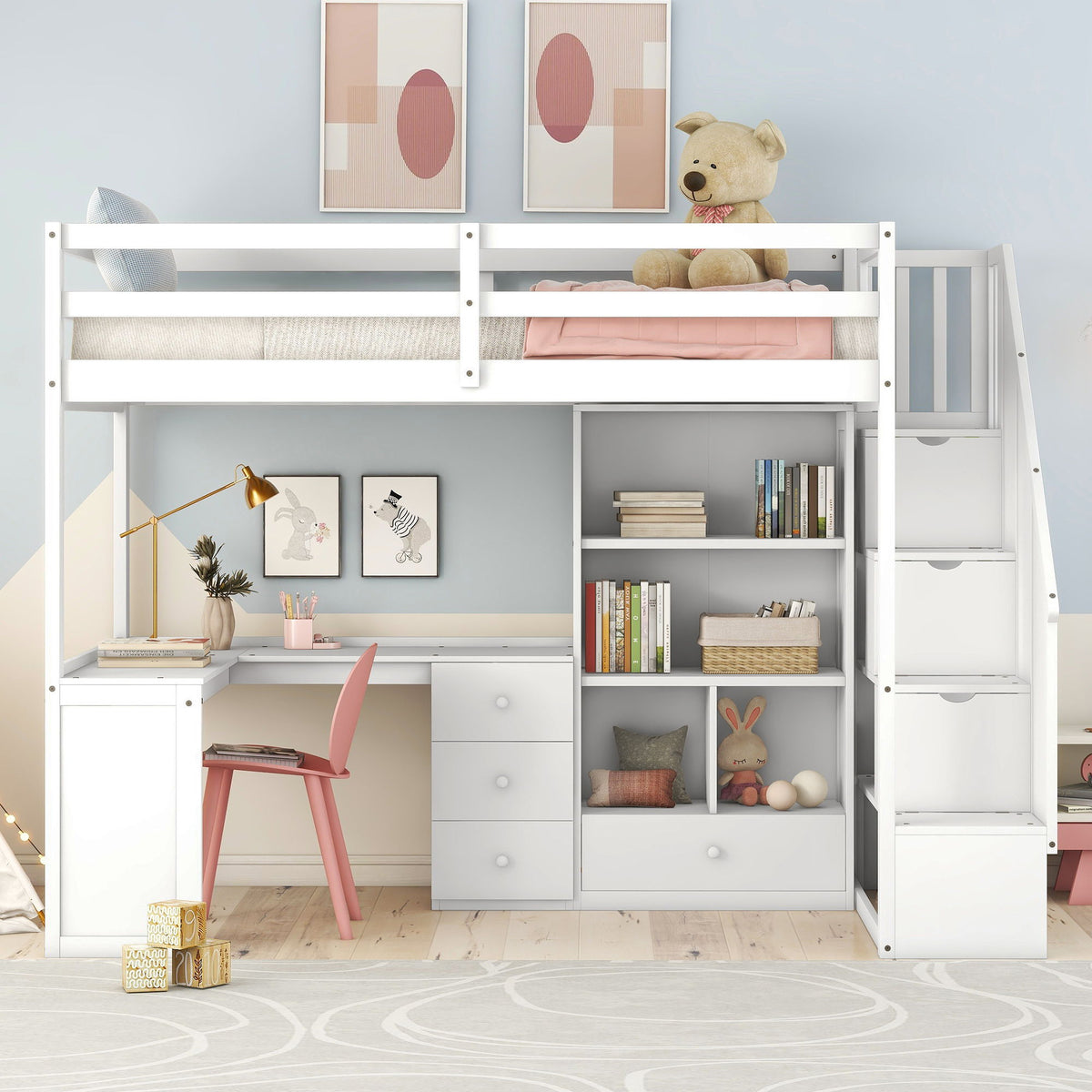 Loft Bed With L Shaped Desk, Drawers, Cabinet, And Storage Staircase - view 12