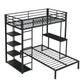 Metal Loft Bed Frame with LED Light Strip, Side Storage Shelves & Built-in Desk