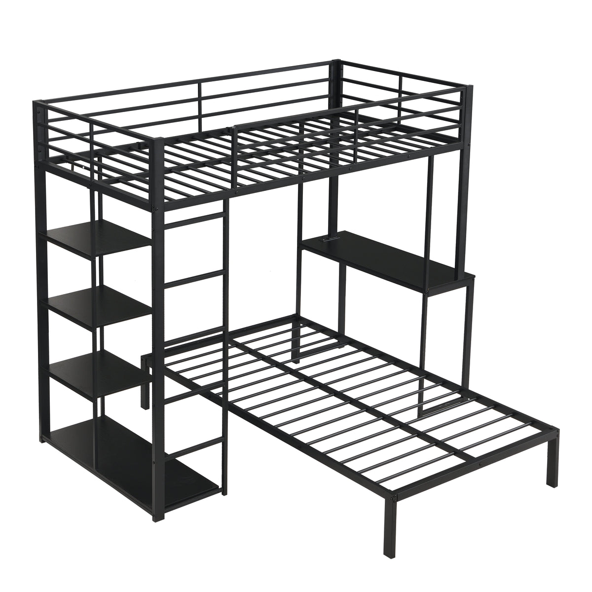 Metal Loft Bed Frame with LED Light Strip, Side Storage Shelves & Built-in Desk