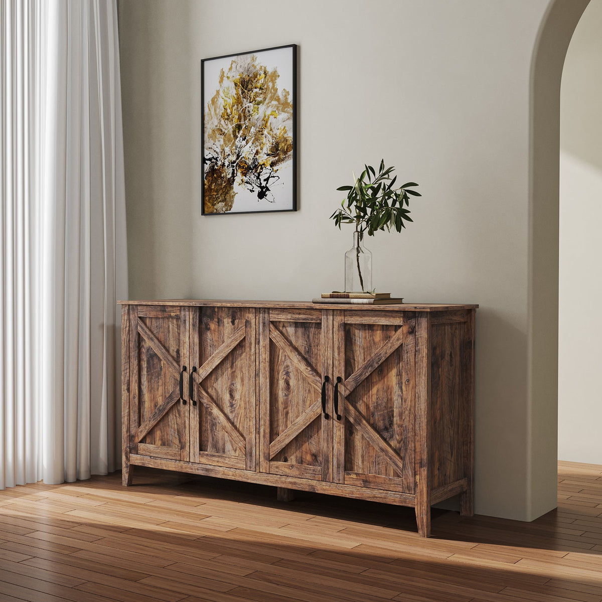Cabinet with 4 Doors and 4 Open Shelves Freestanding Sideboard