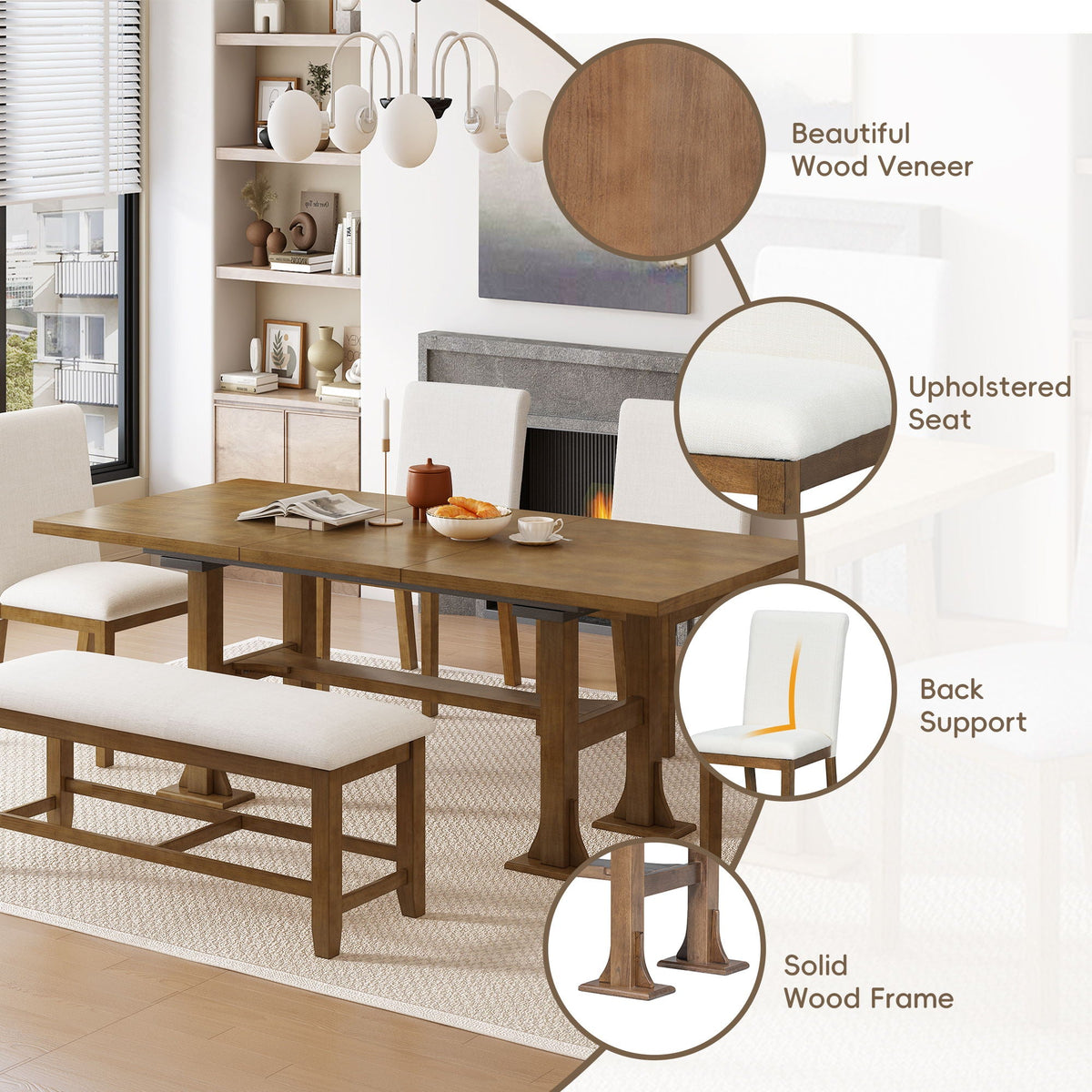 Topmax - 6 Piece Farmhouse Extendable Dining Table Set Trestle Kitchen Table Set With Removable Leaf And - view 8