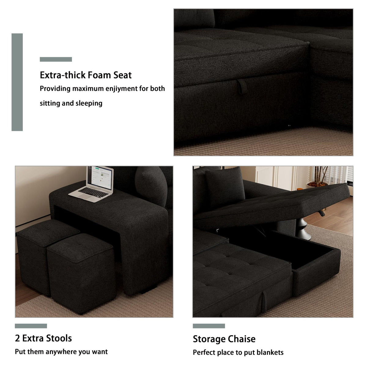 Modern L-Shape 3 Seat Reversible Sectional Couch, Pull Out Sleeper Sofa With Storage Chaise And 2 Stools For - view 20