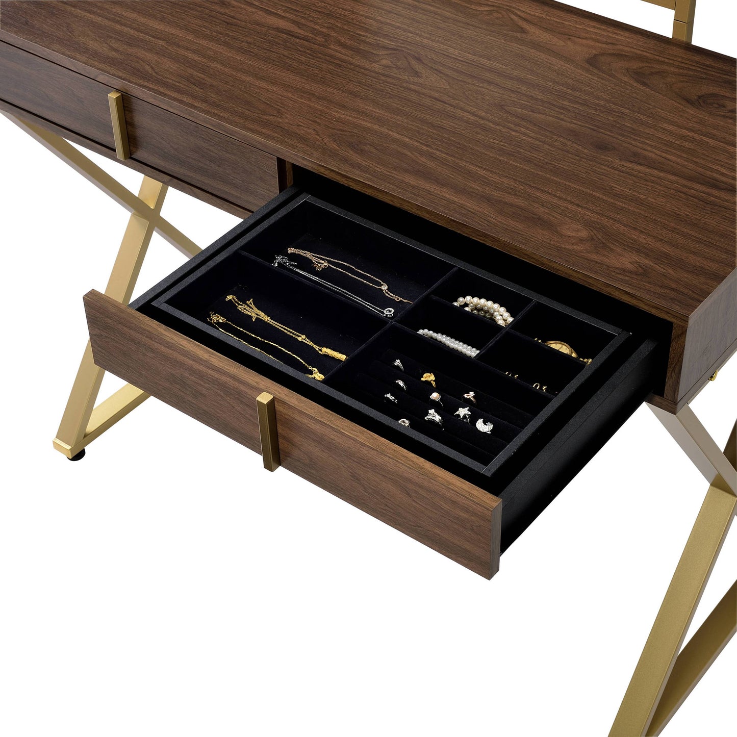 Coleen Walnut & Gold Finish Vanity Desk with Mirror & Jewelry Tray