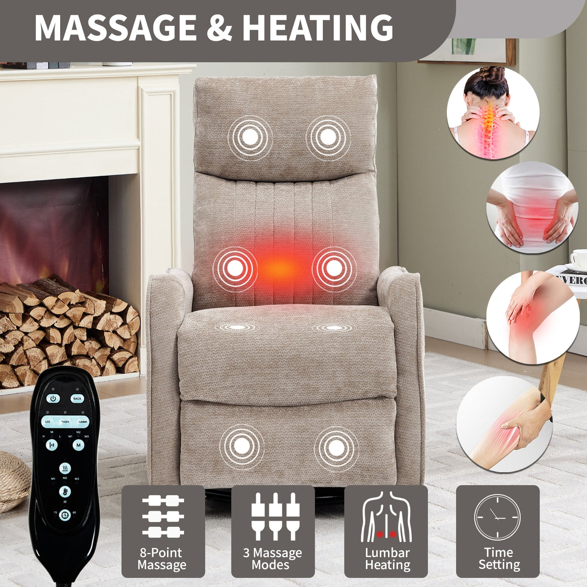 Khaki Heat Massage Manual Recliner Chair