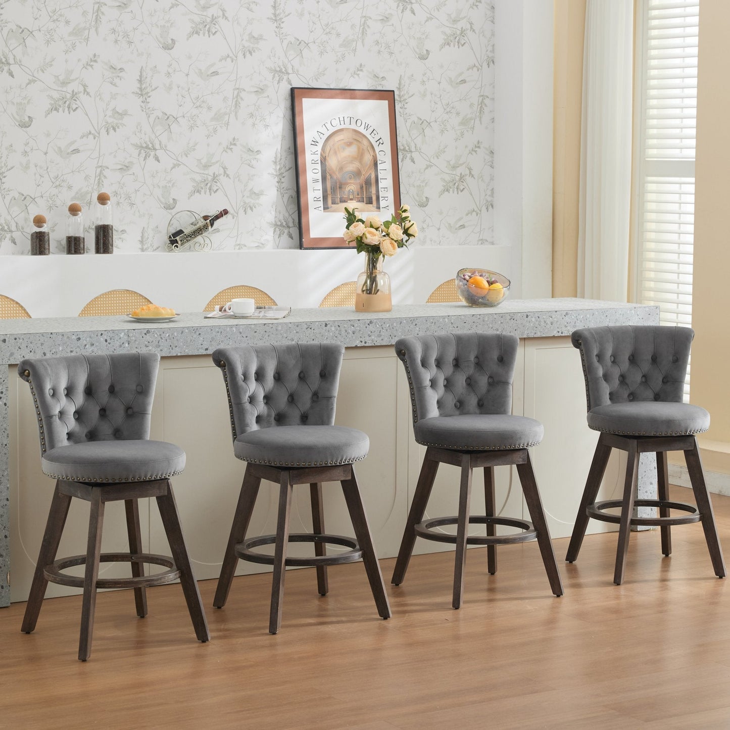 26" Counter Height Bar Stools Set of 2 with 360° Swivel and Velvet Upholstery