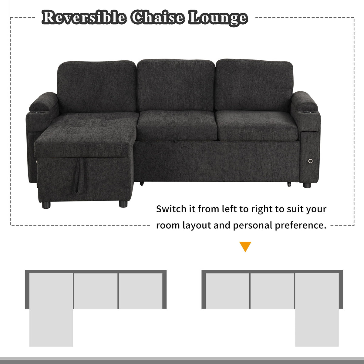 Convertible L Shaped Sofa Couch With Storage, Cup Holders, USB Ports - view 13