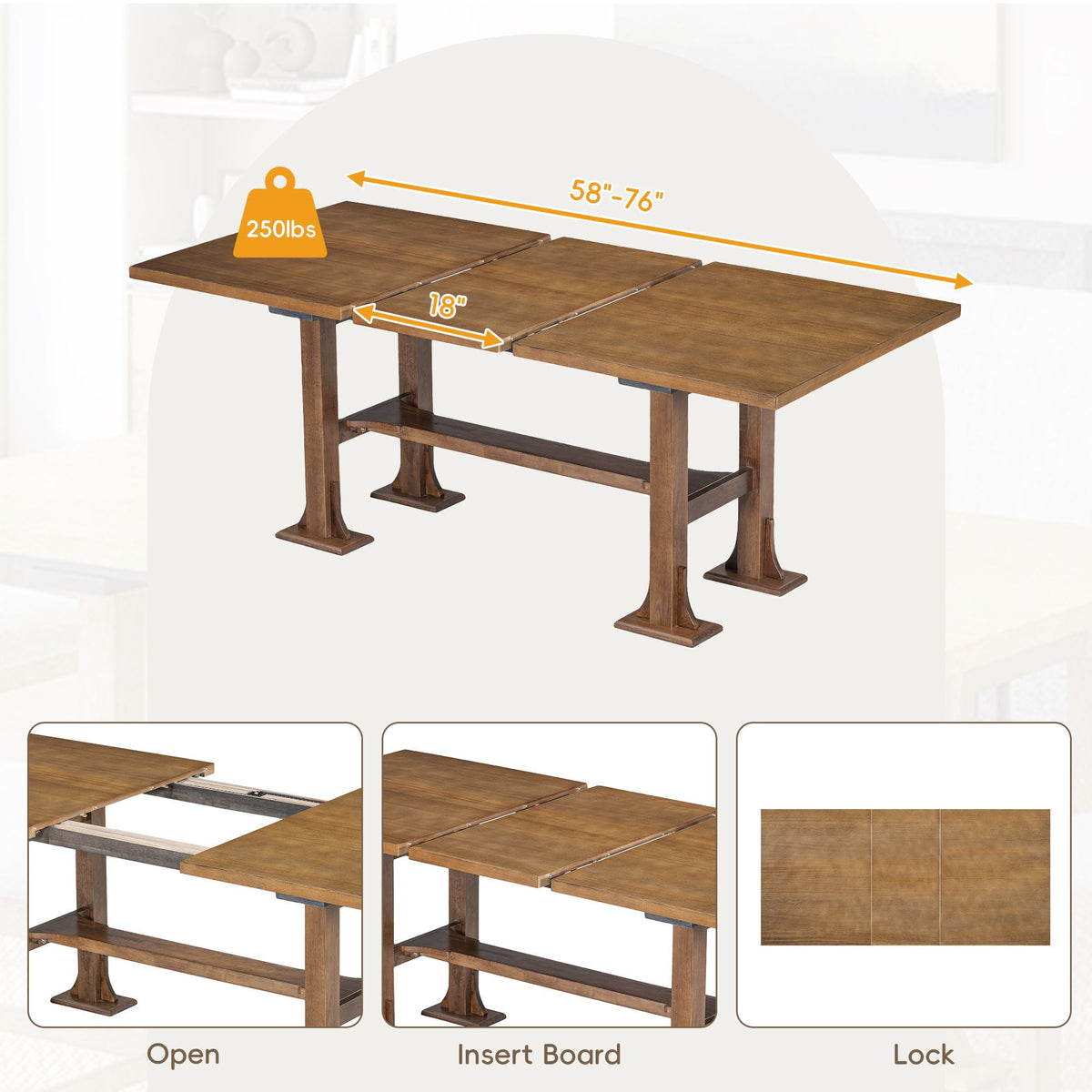 Topmax - 6 Piece Farmhouse Extendable Dining Table Set Trestle Kitchen Table Set With Removable Leaf And - view 9