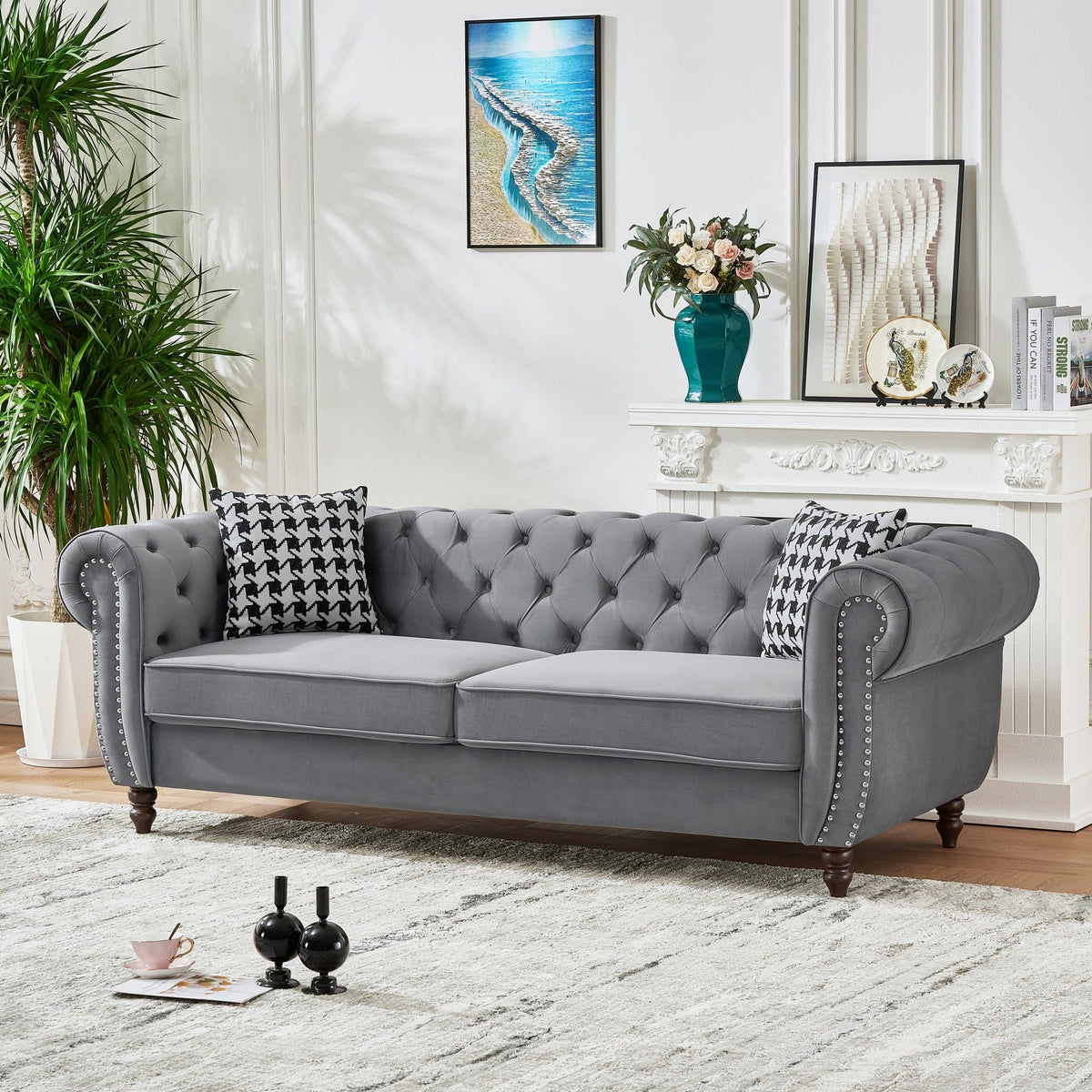 Chesterfield Upholstery Fabric Sofa With Roll Armrest & Nailhead, Mid Century Modern 3 And 3 Seater Couch - view 7