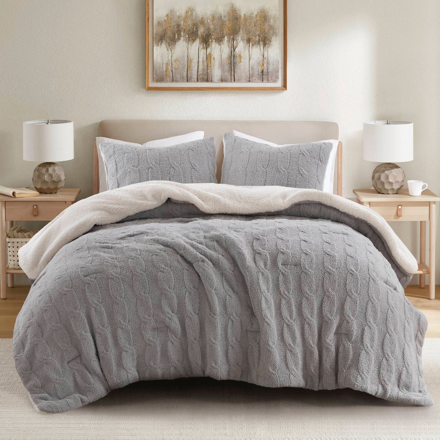 3 Pieces Full/Queen Cable Knit Chenille Comforter Set