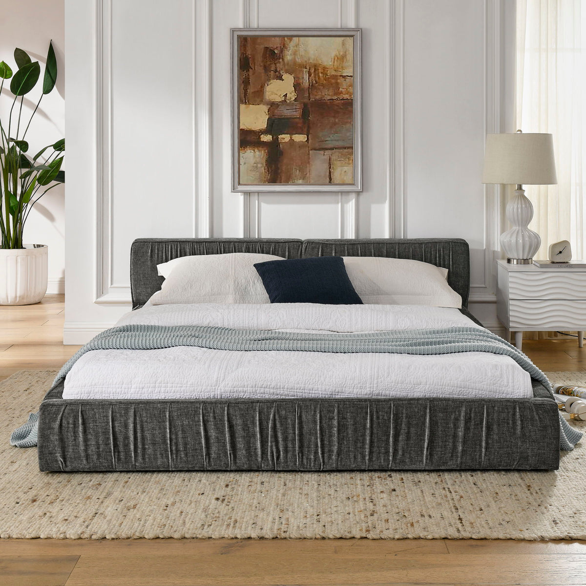 Modern Upholstered Platform Bed Frame With Pleated Design - view 7
