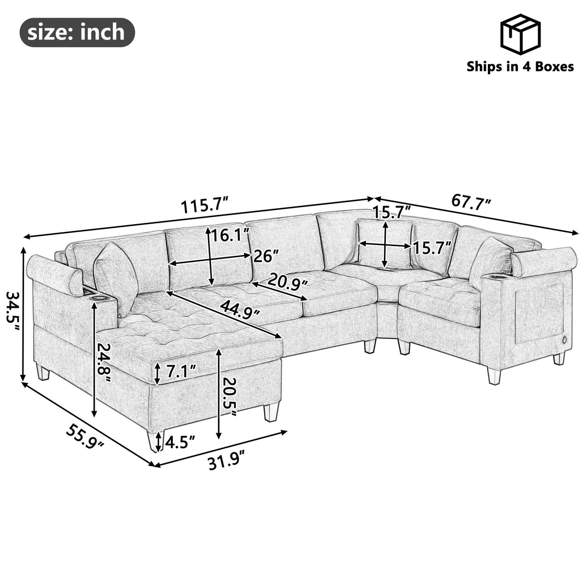 U Shaped Sectional Sofa, Corner Living Room Couch With Built In Cup Holders, Storage, USB Ports - view 15
