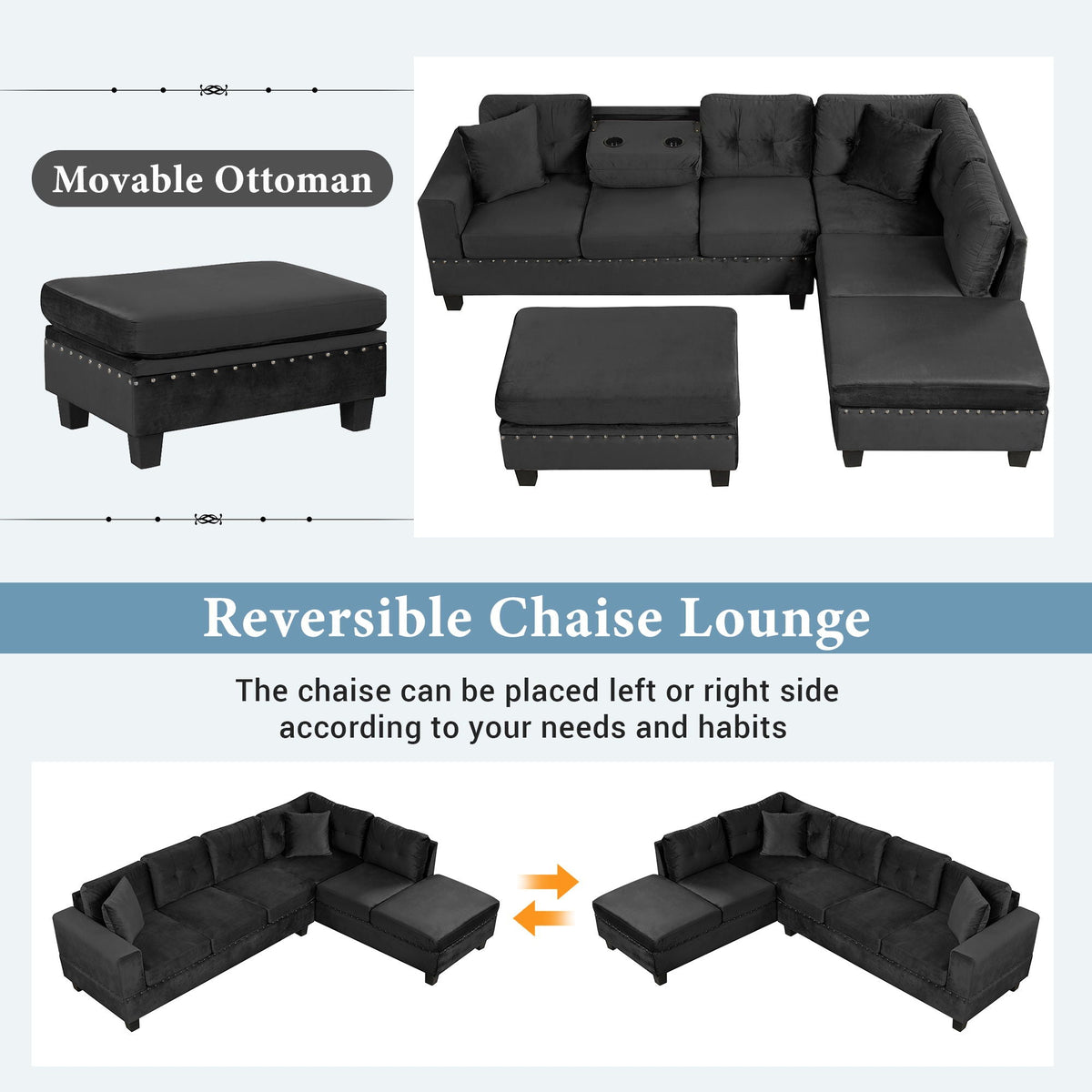 Modern Sectional Sofa With Storage Ottoman, L - Shape Couch With 2 Pillows And Cup Holders - view 12