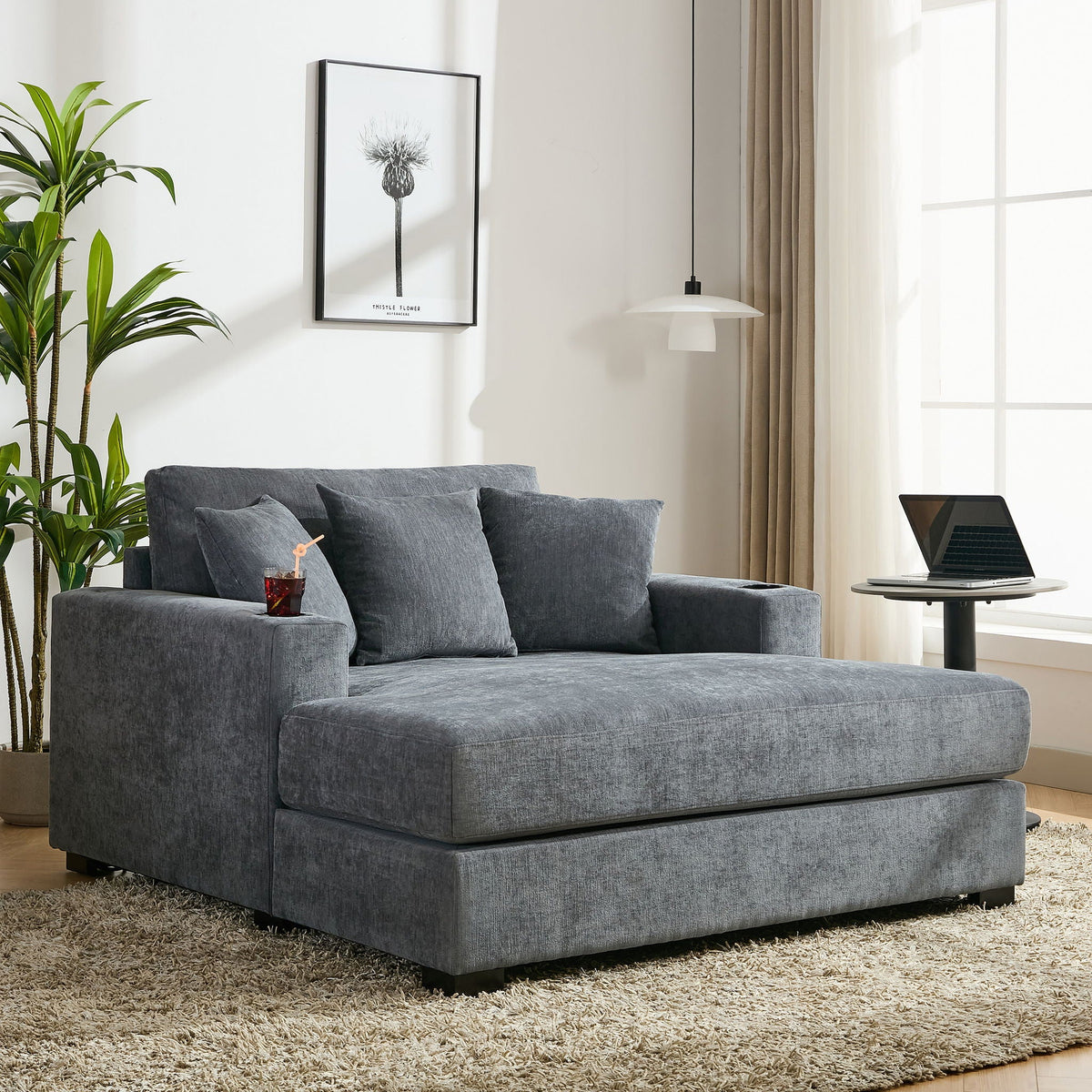 Oversized Chaise Lounger Modern Style Sofa Couch, With Pillows, Charge Station & Cup Holders - view 4